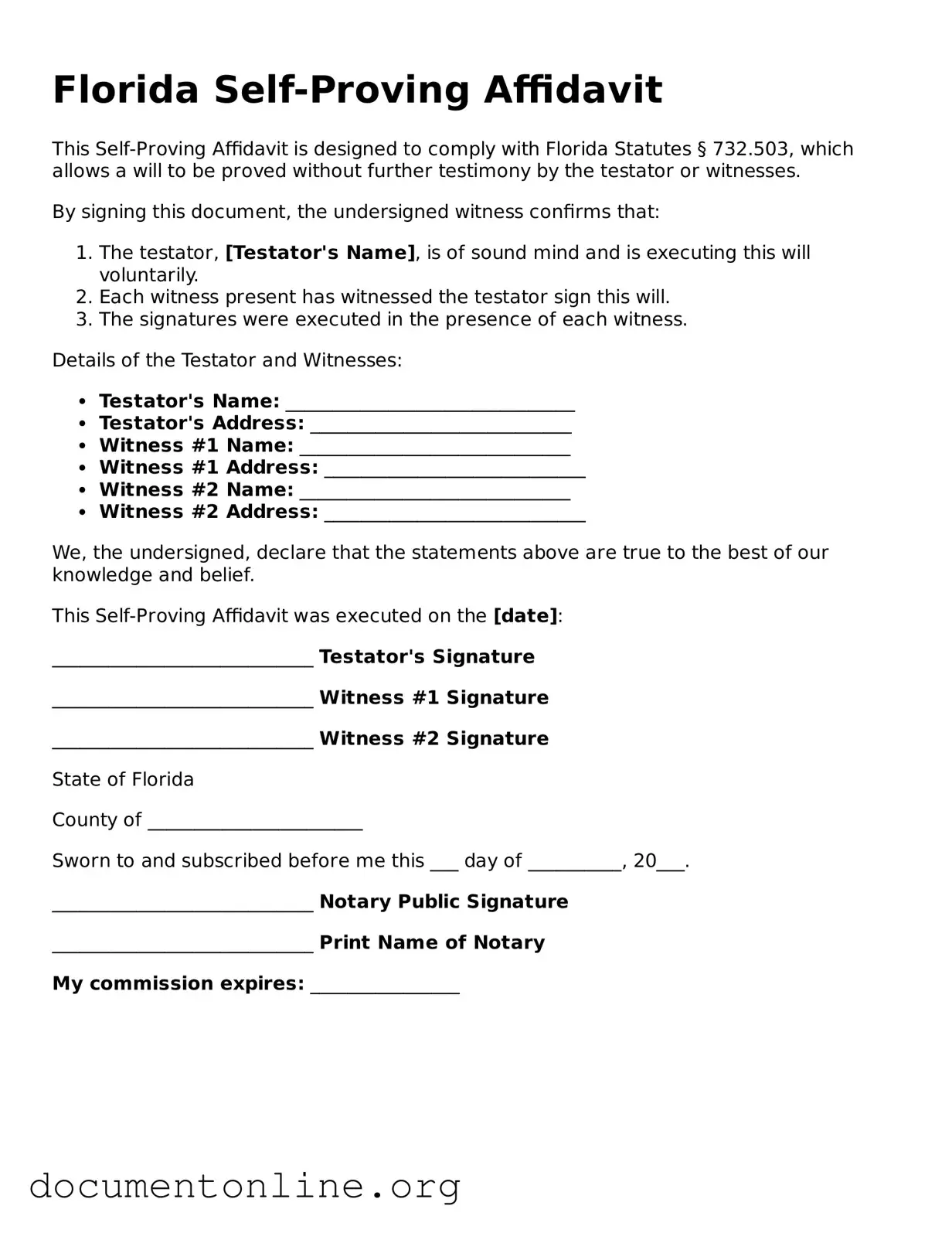Free Self-Proving Affidavit Form for Florida State