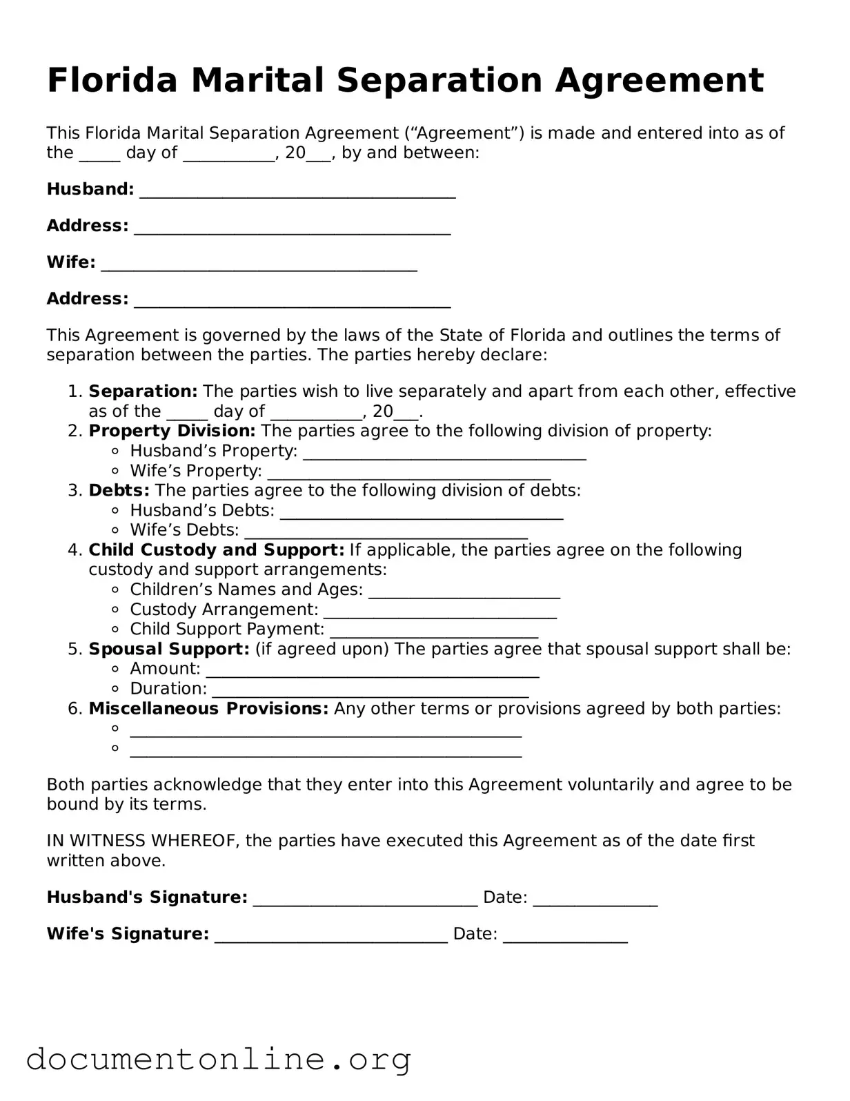 Free Marital Separation Agreement Form for Florida State