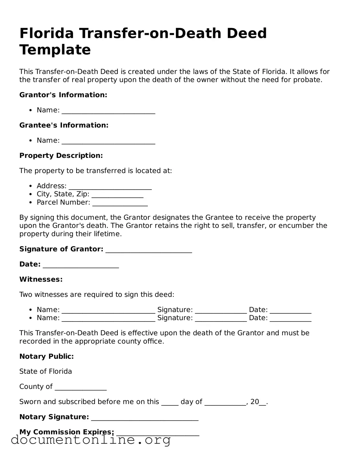 Free Transfer-on-Death Deed Form for Florida State