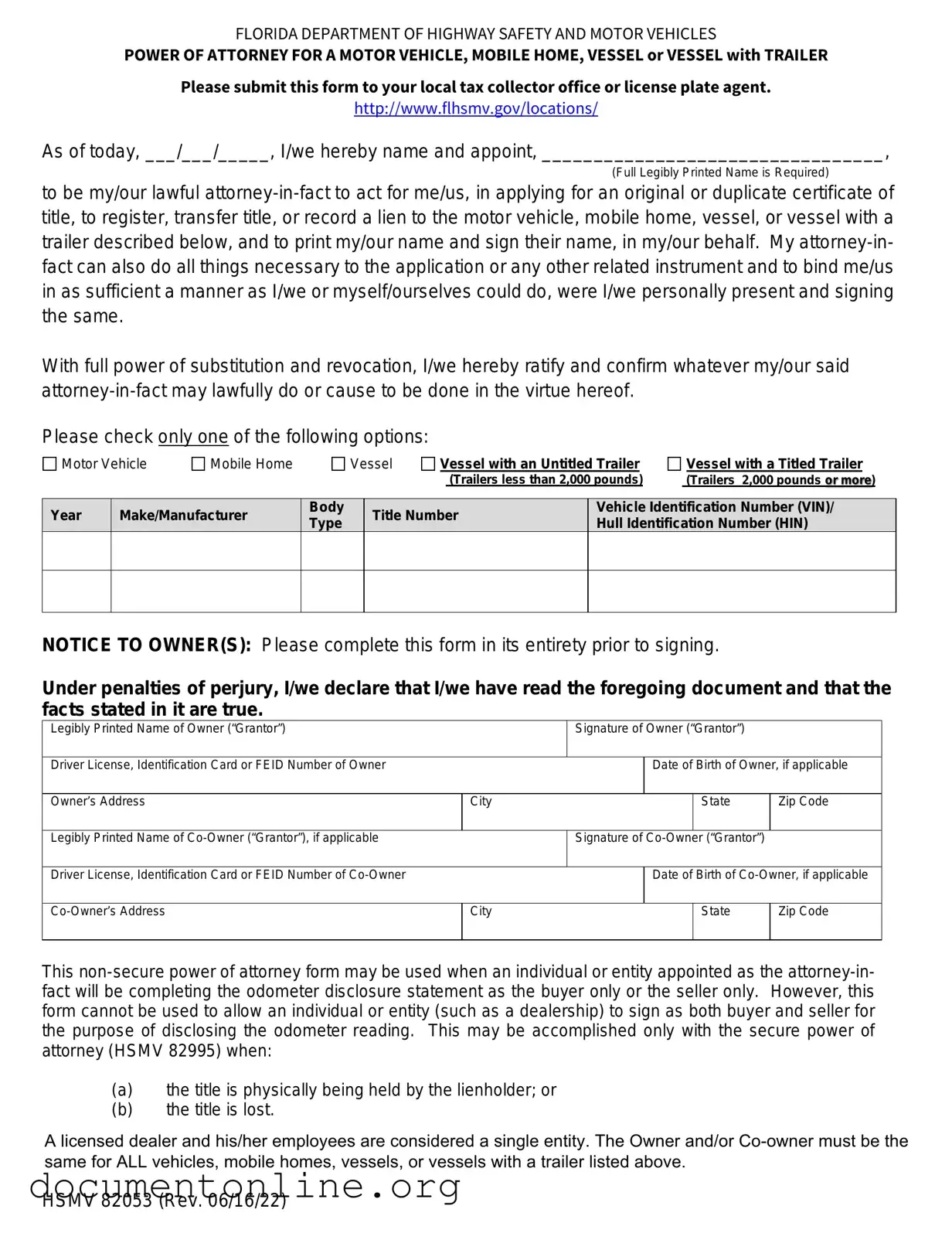 Free Florida Vehicle POA form 82053 Template