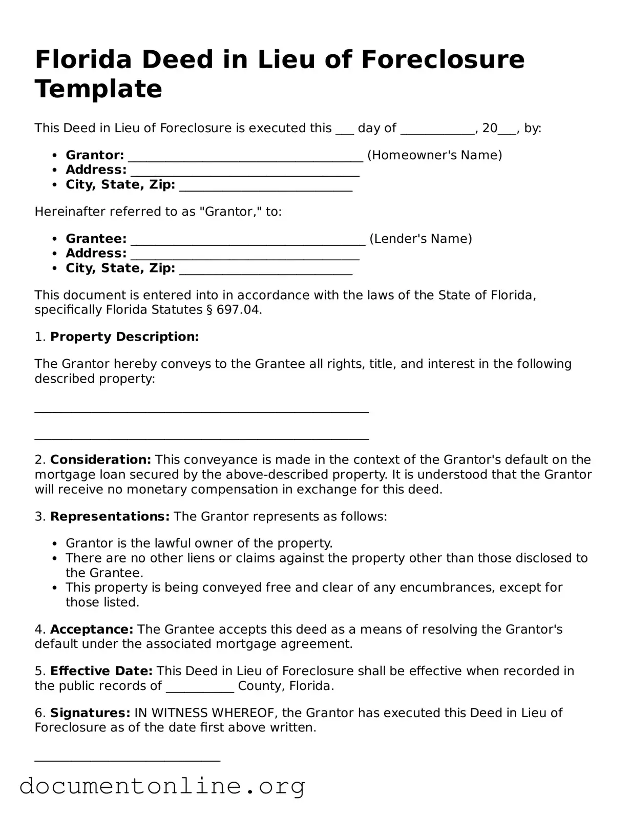 Free Deed in Lieu of Foreclosure Form for Florida State