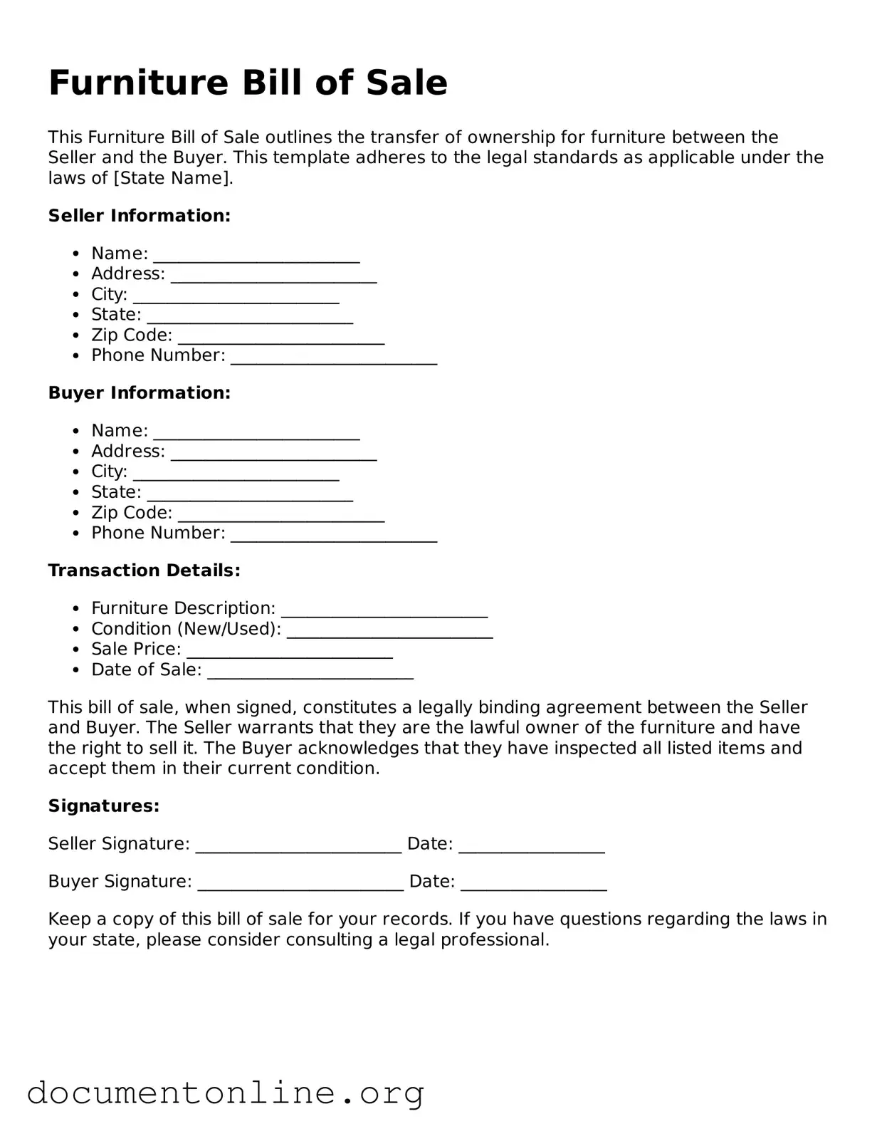 Free Furniture Bill of Sale Form