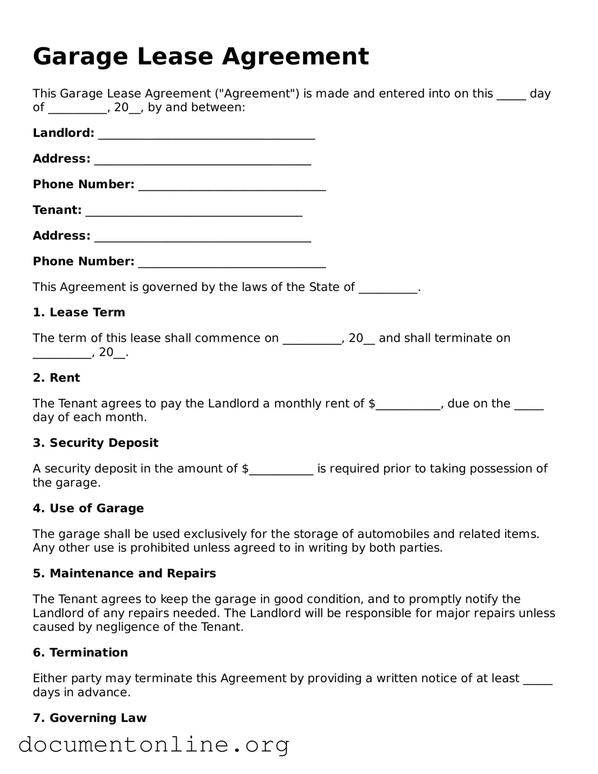 Free Garage Lease Agreement Form