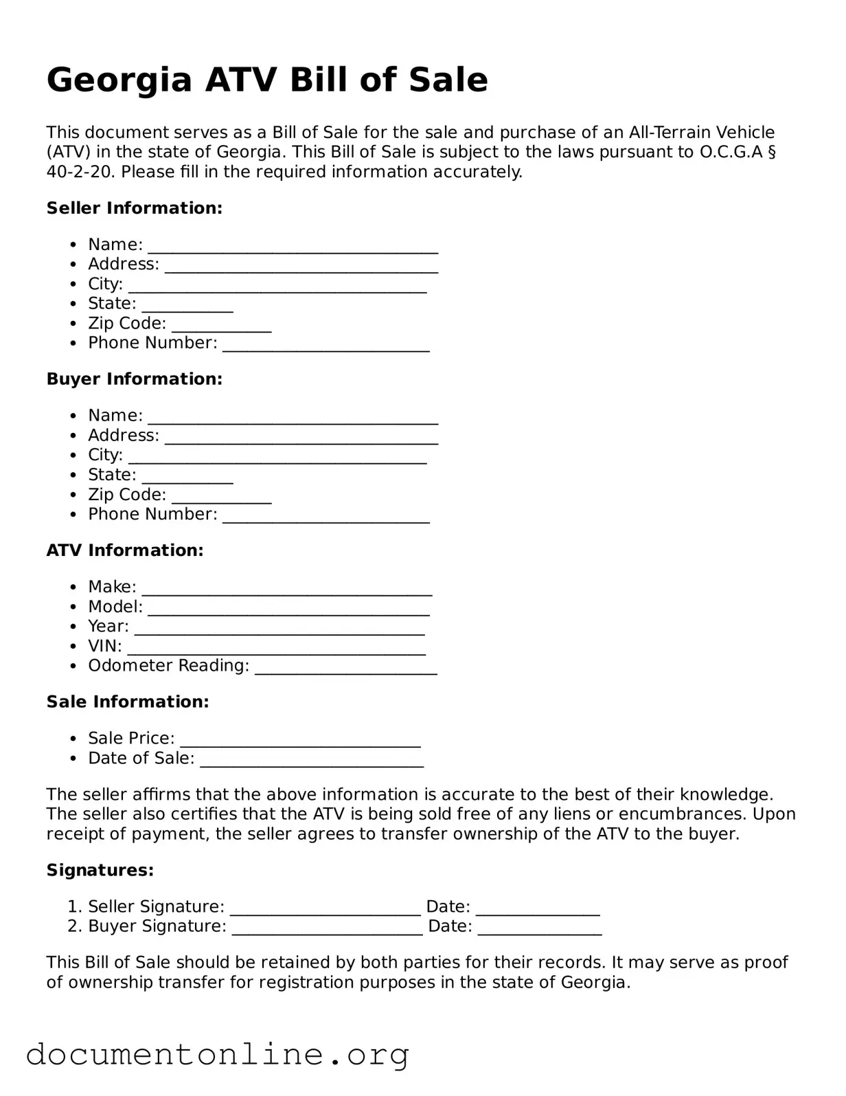 Free ATV Bill of Sale Form for Georgia State