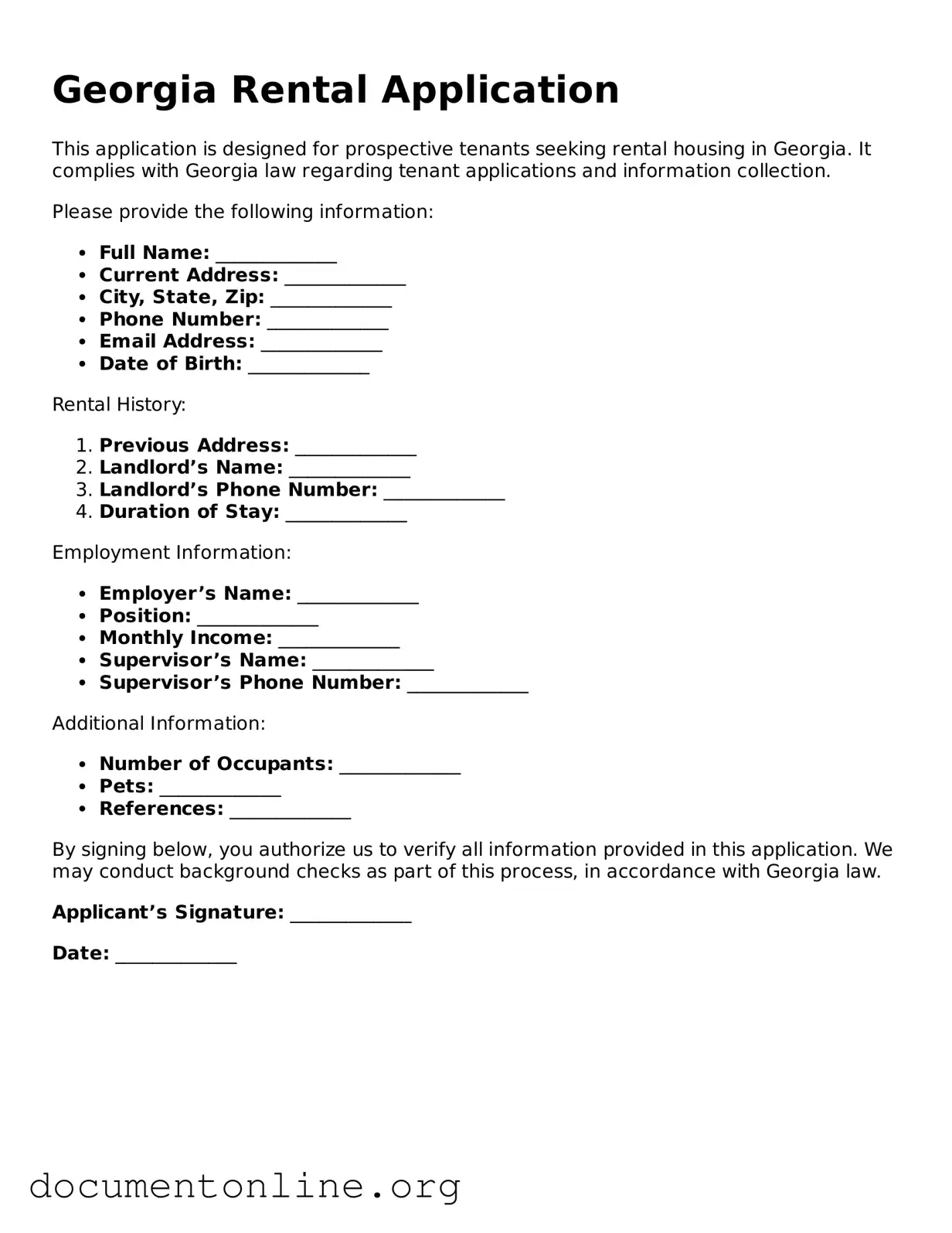 Free Rental Application Form for Georgia State