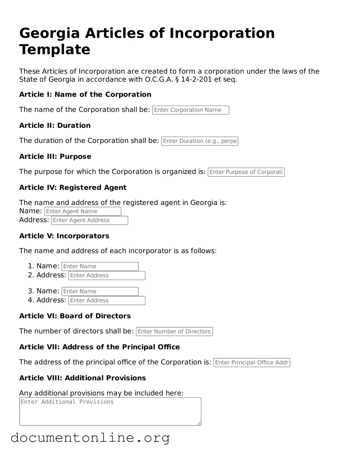 Free Articles of Incorporation Form for Georgia State