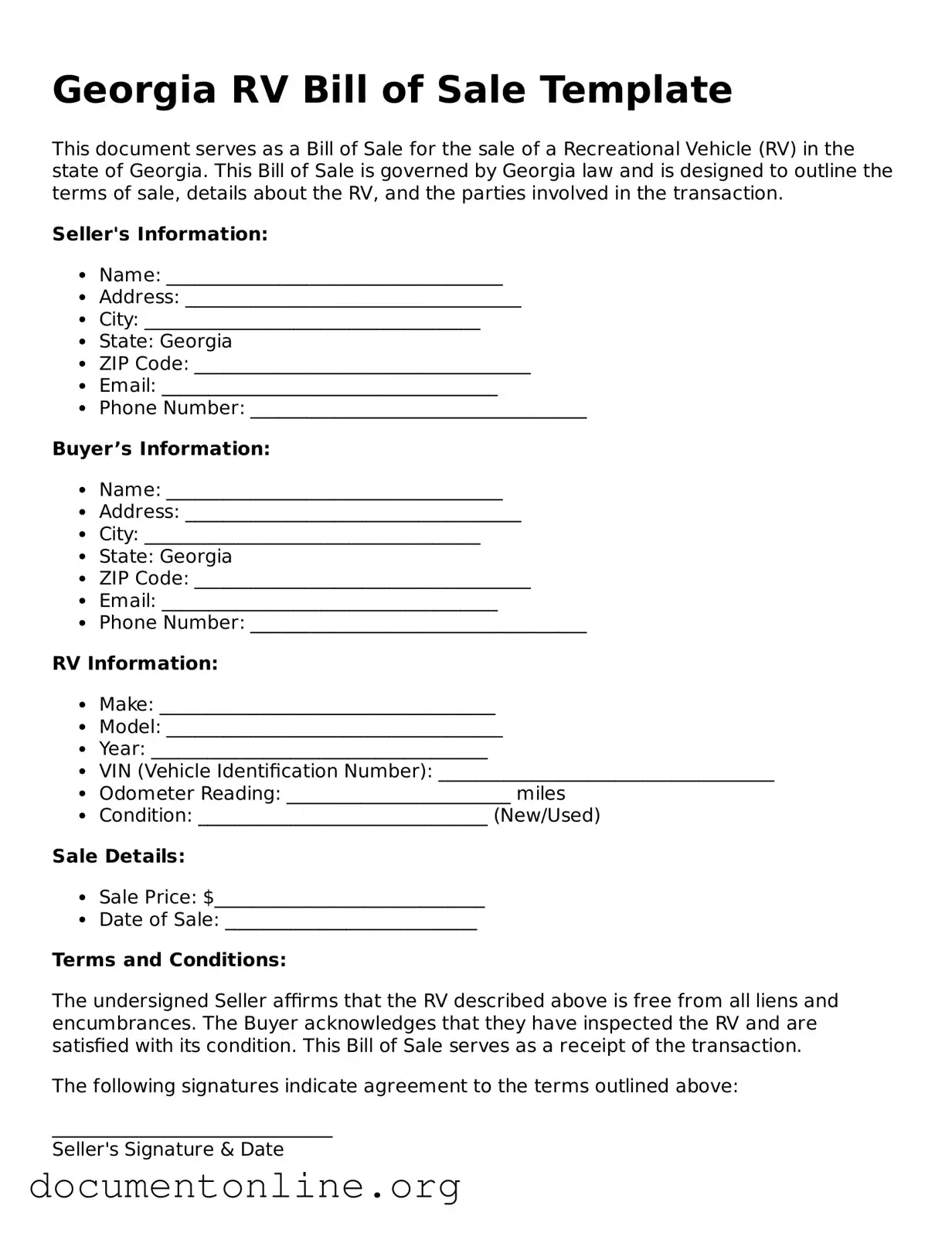 Free RV Bill of Sale Form for Georgia State