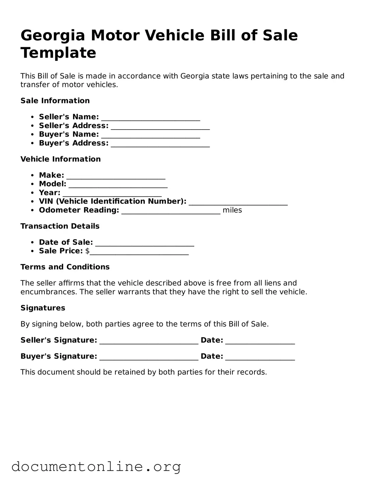 Free Motor Vehicle Bill of Sale Form for Georgia State