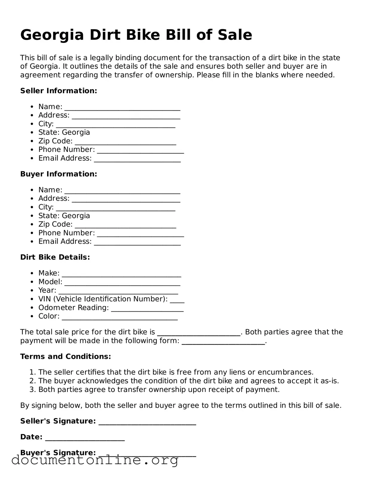 Free Dirt Bike Bill of Sale Form for Georgia State