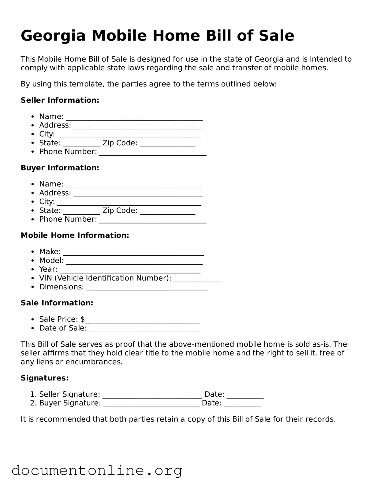 Free Mobile Home Bill of Sale Form for Georgia State