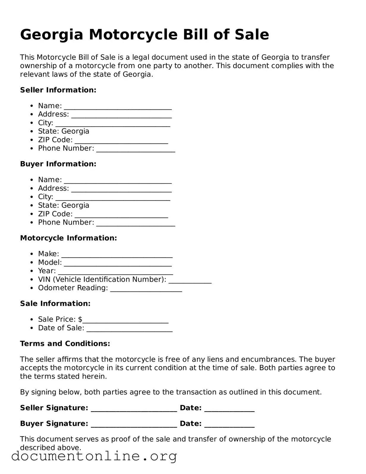 Free Motorcycle Bill of Sale Form for Georgia State