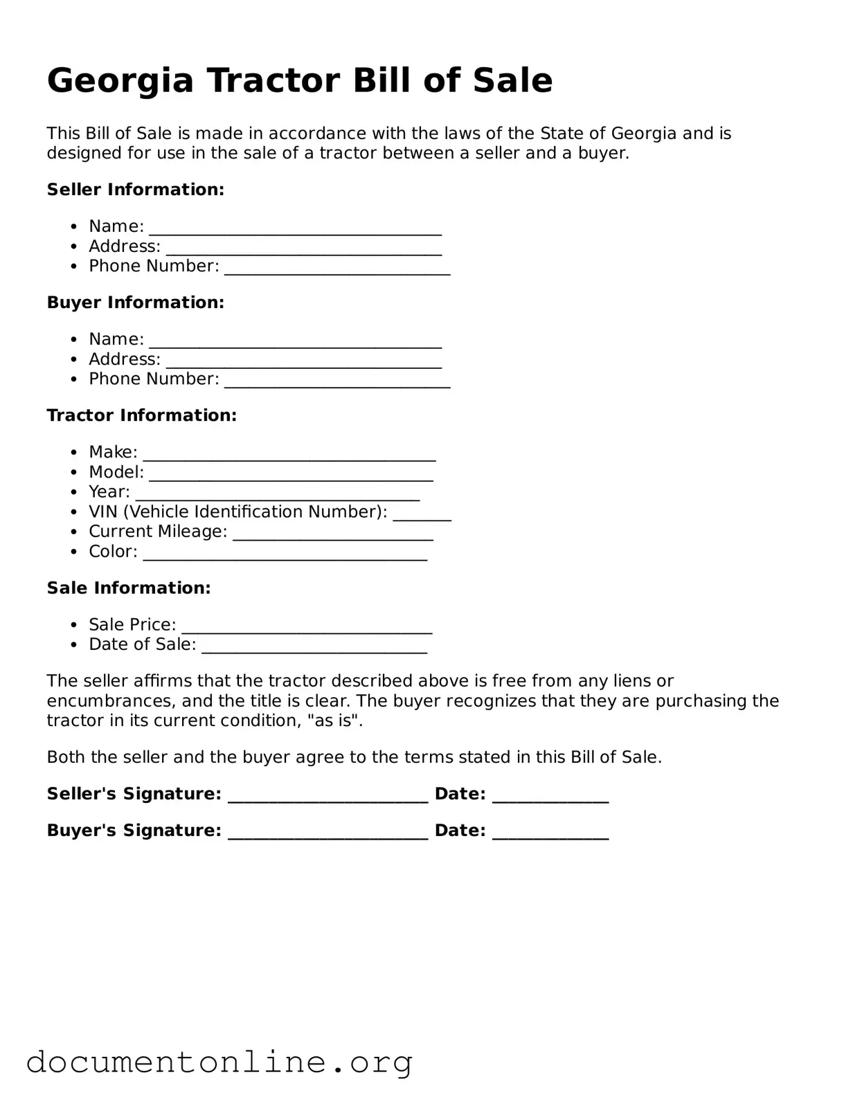 Free Tractor Bill of Sale Form for Georgia State