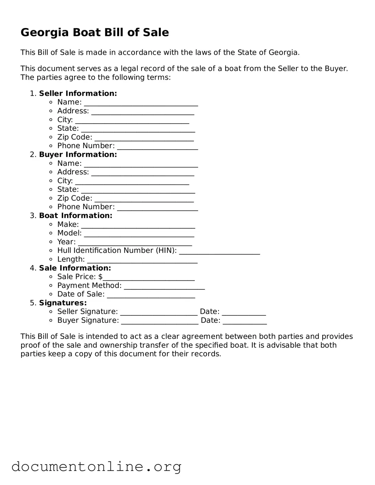 Free Boat Bill of Sale Form for Georgia State