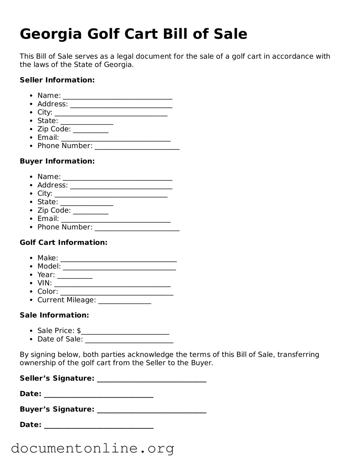 Free Golf Cart Bill of Sale Form for Georgia State