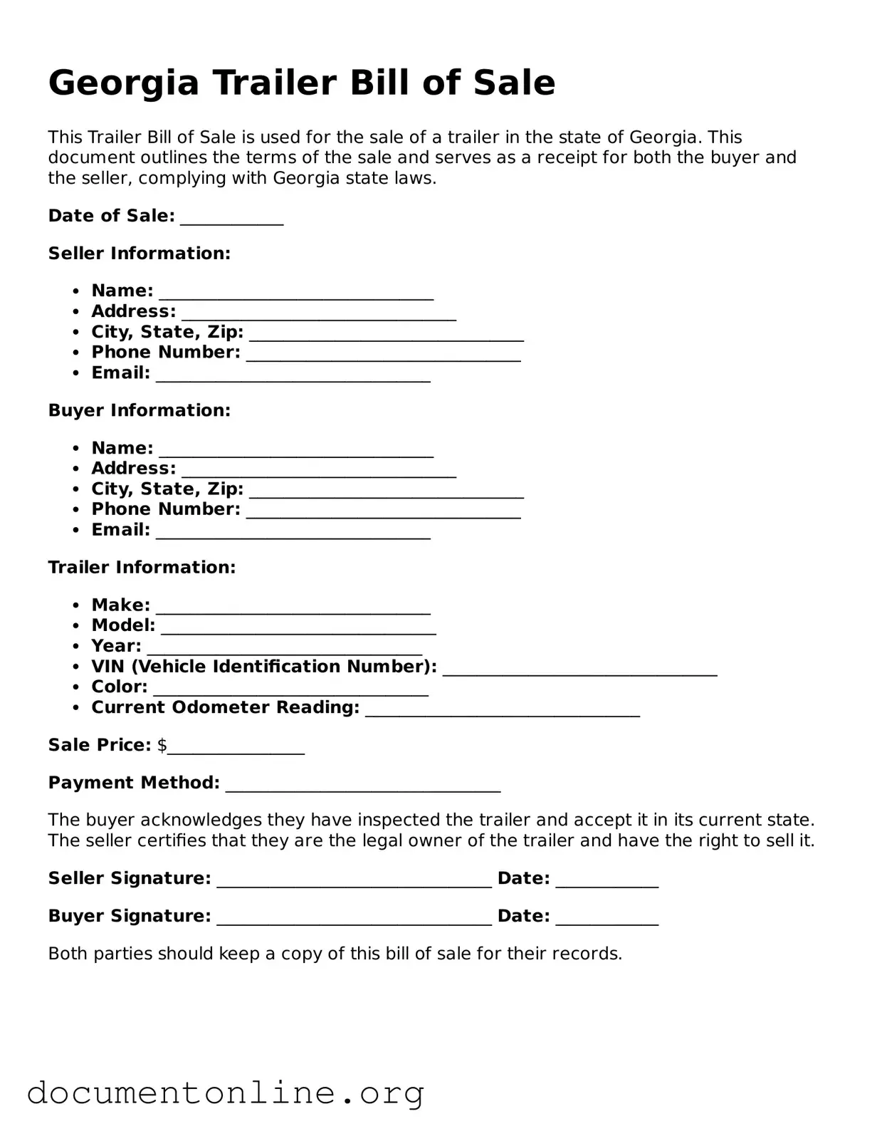 Free Trailer Bill of Sale Form for Georgia State