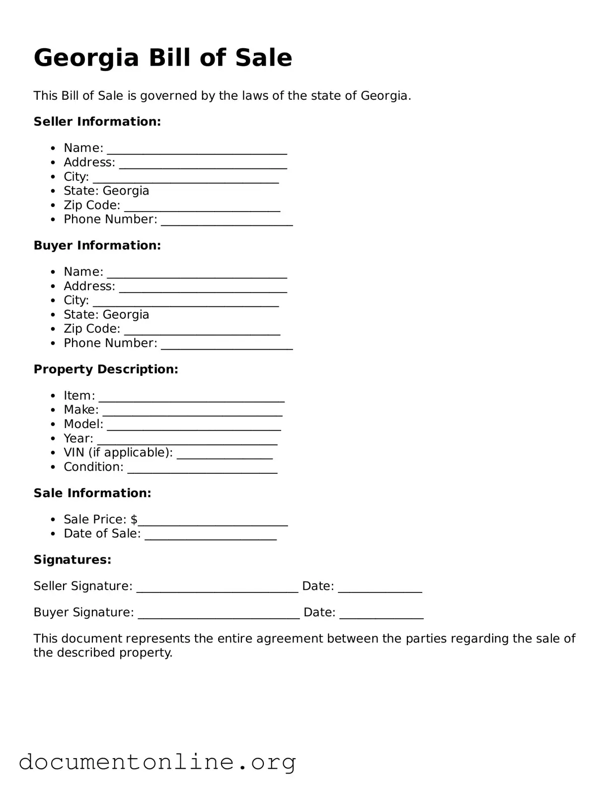Free Bill of Sale Form for Georgia State