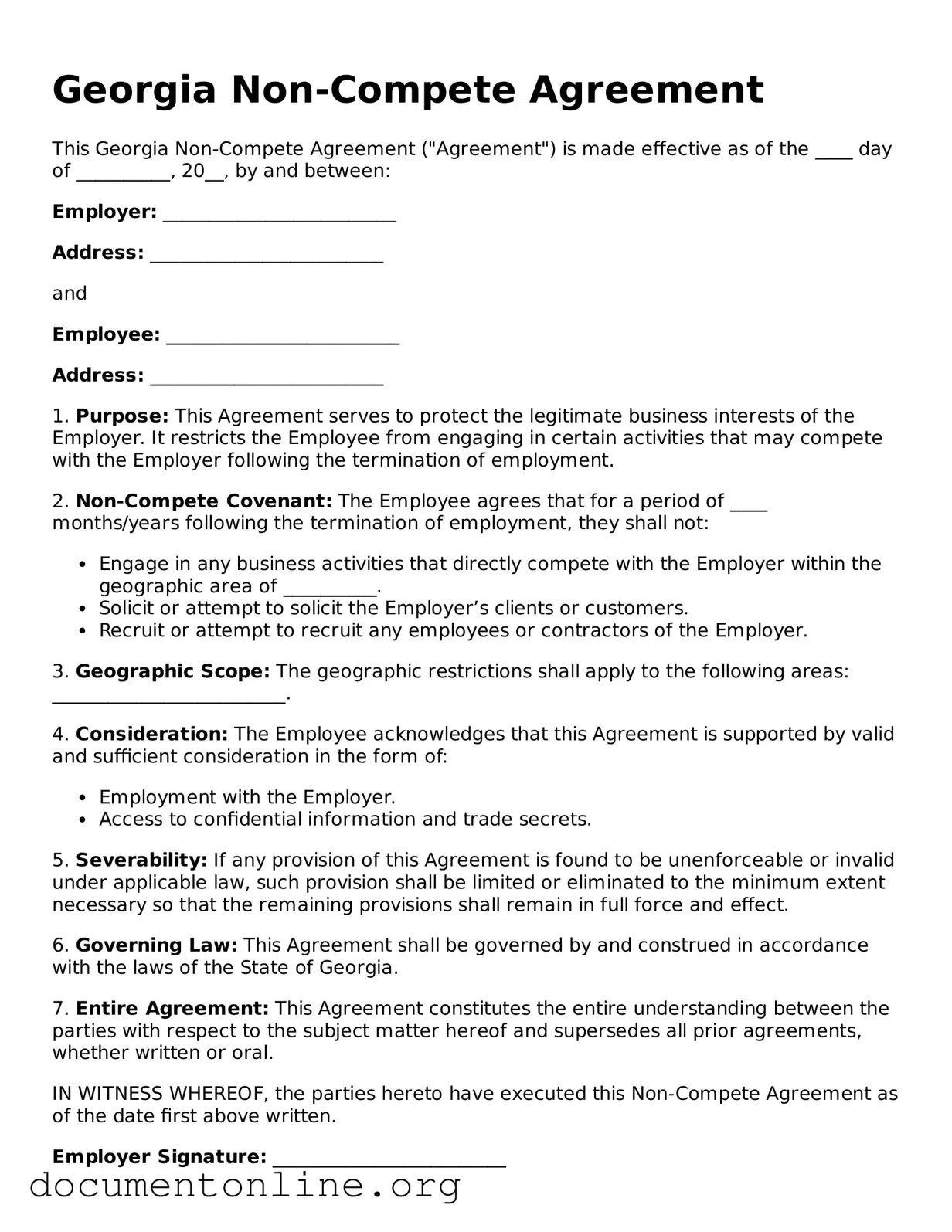 Free Non-compete Agreement Form for Georgia State
