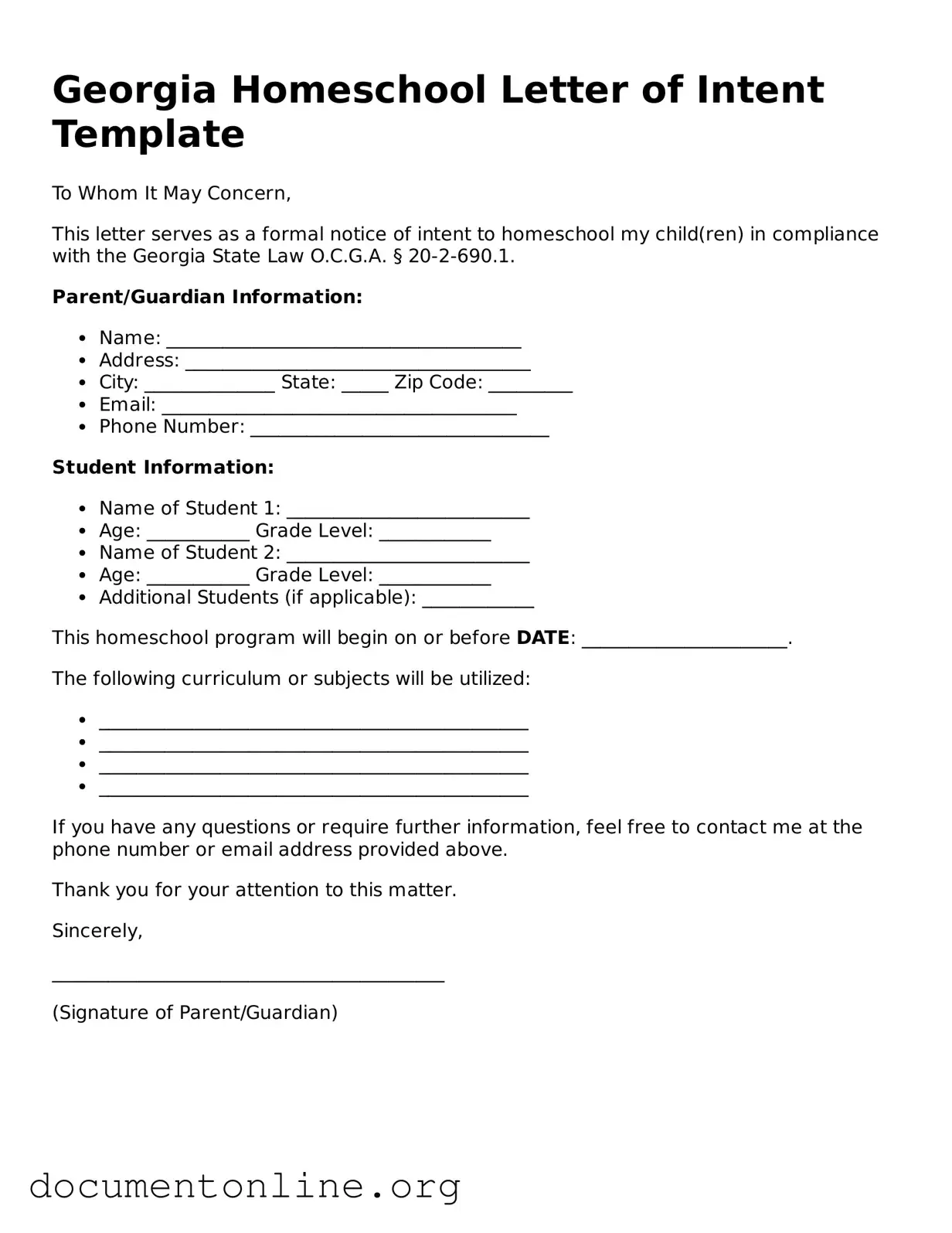Free Homeschool Letter of Intent Form for Georgia State