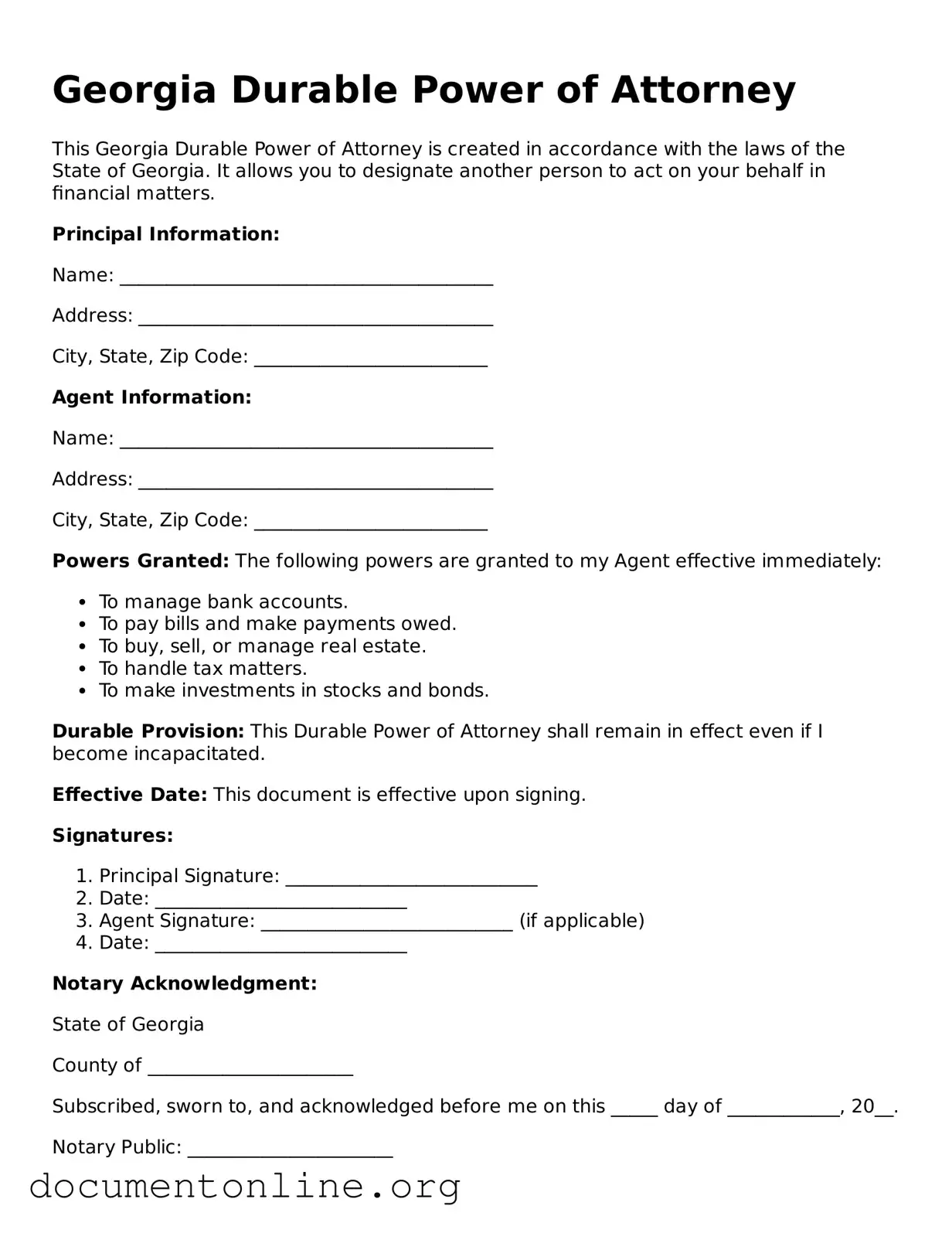 Free Durable Power of Attorney Form for Georgia State