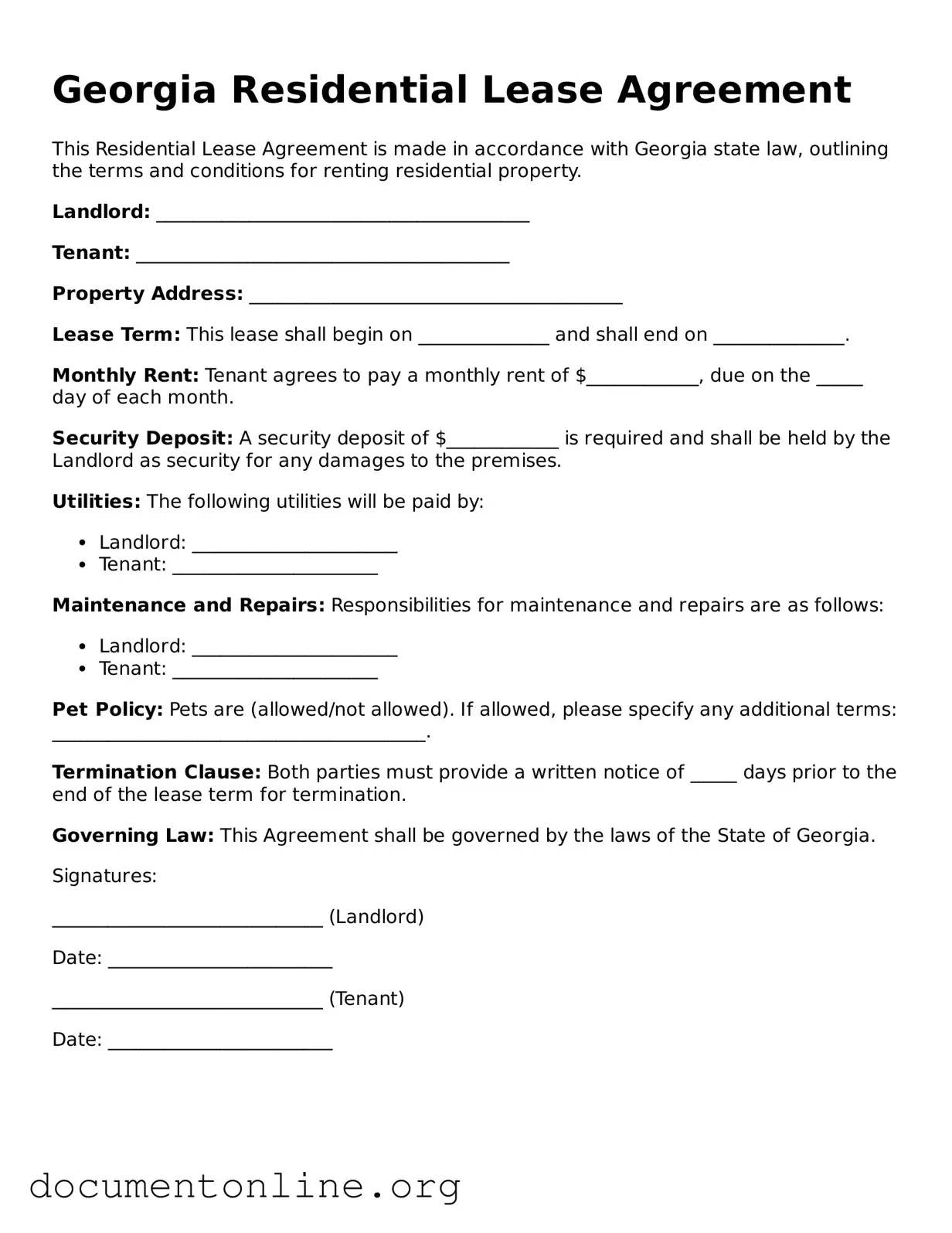 Free Residential Lease Agreement Form for Georgia State