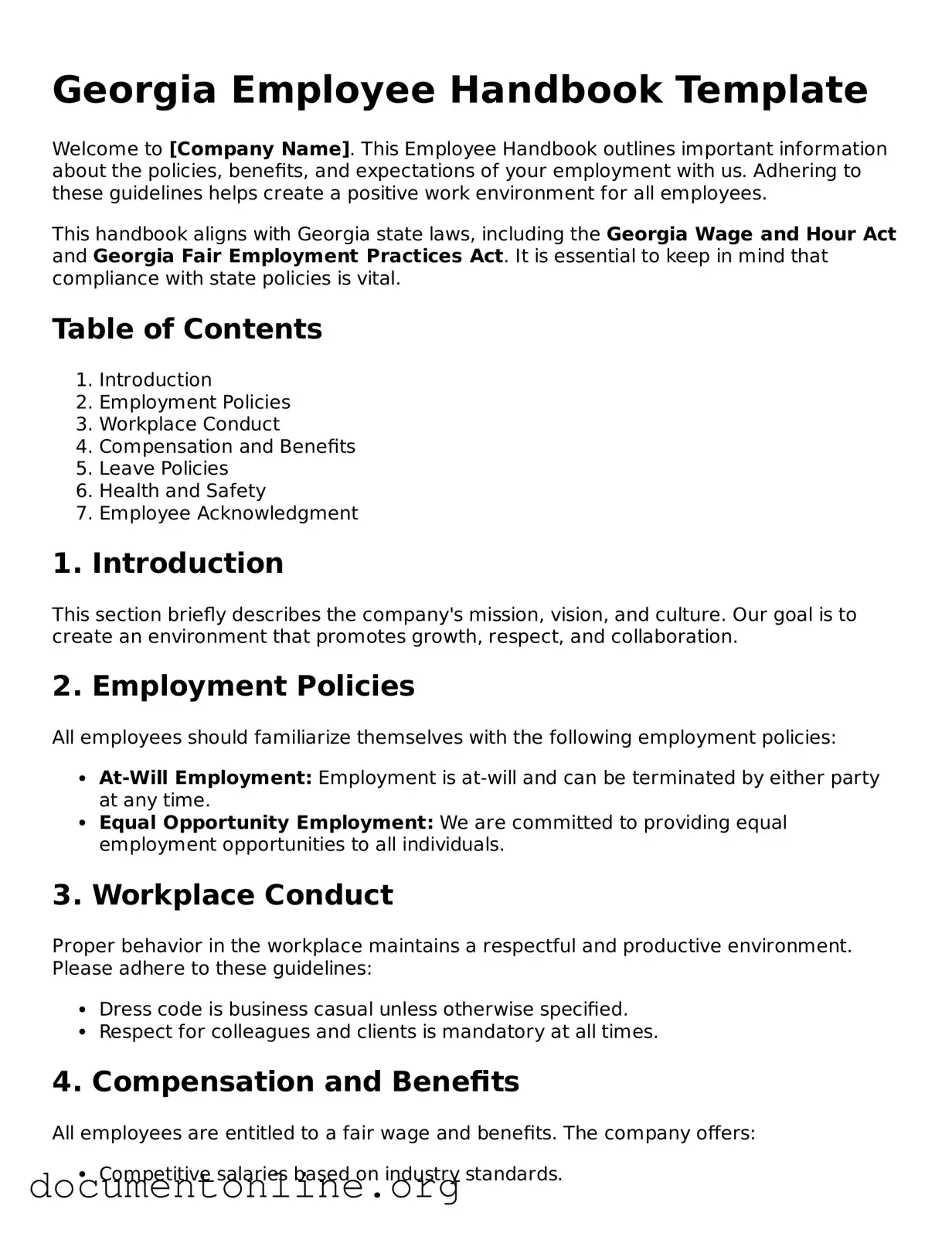 Free Employee Handbook Form for Georgia State