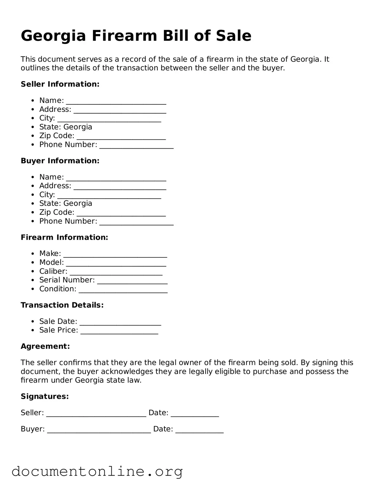 Free Firearm Bill of Sale Form for Georgia State