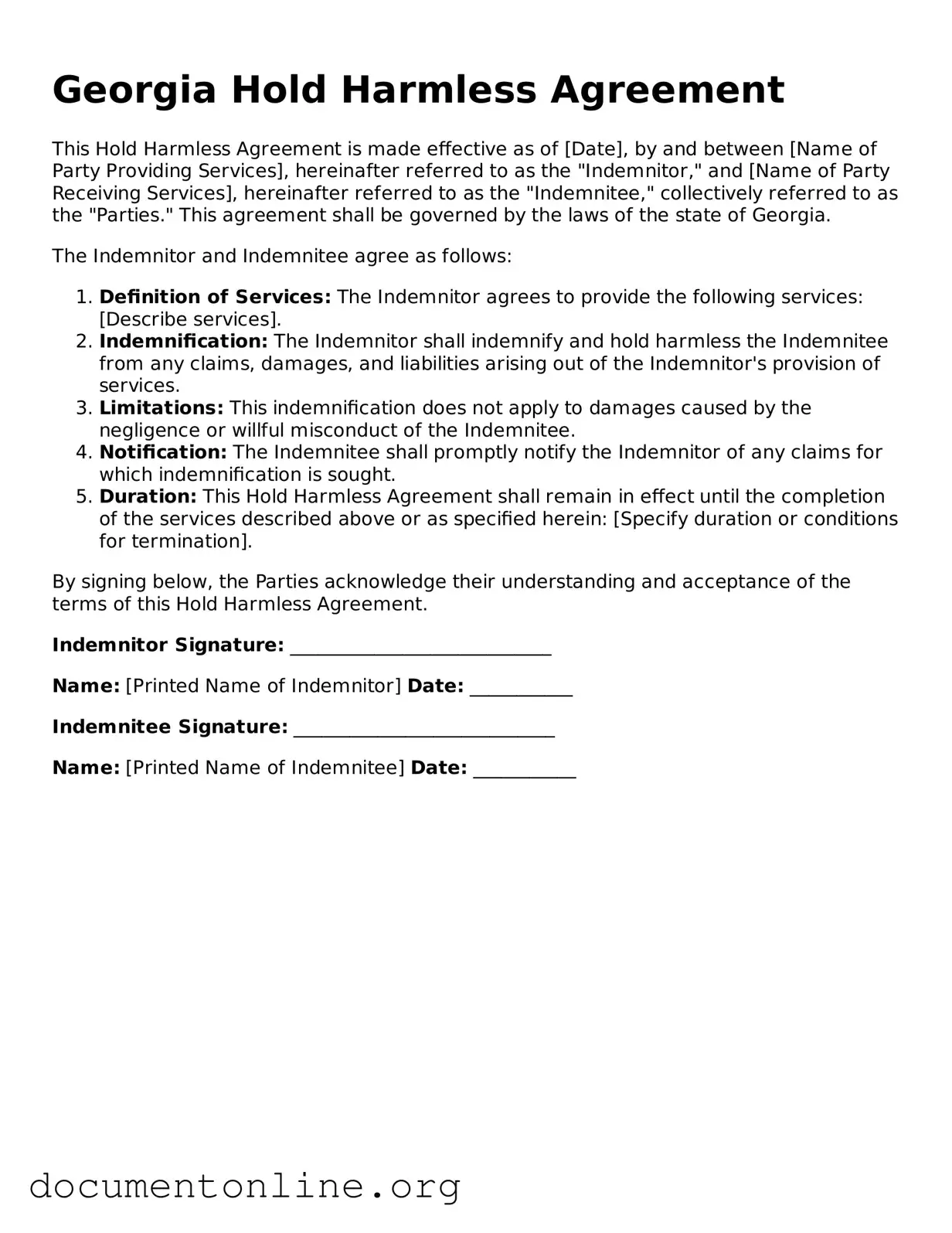 Free Hold Harmless Agreement Form for Georgia State