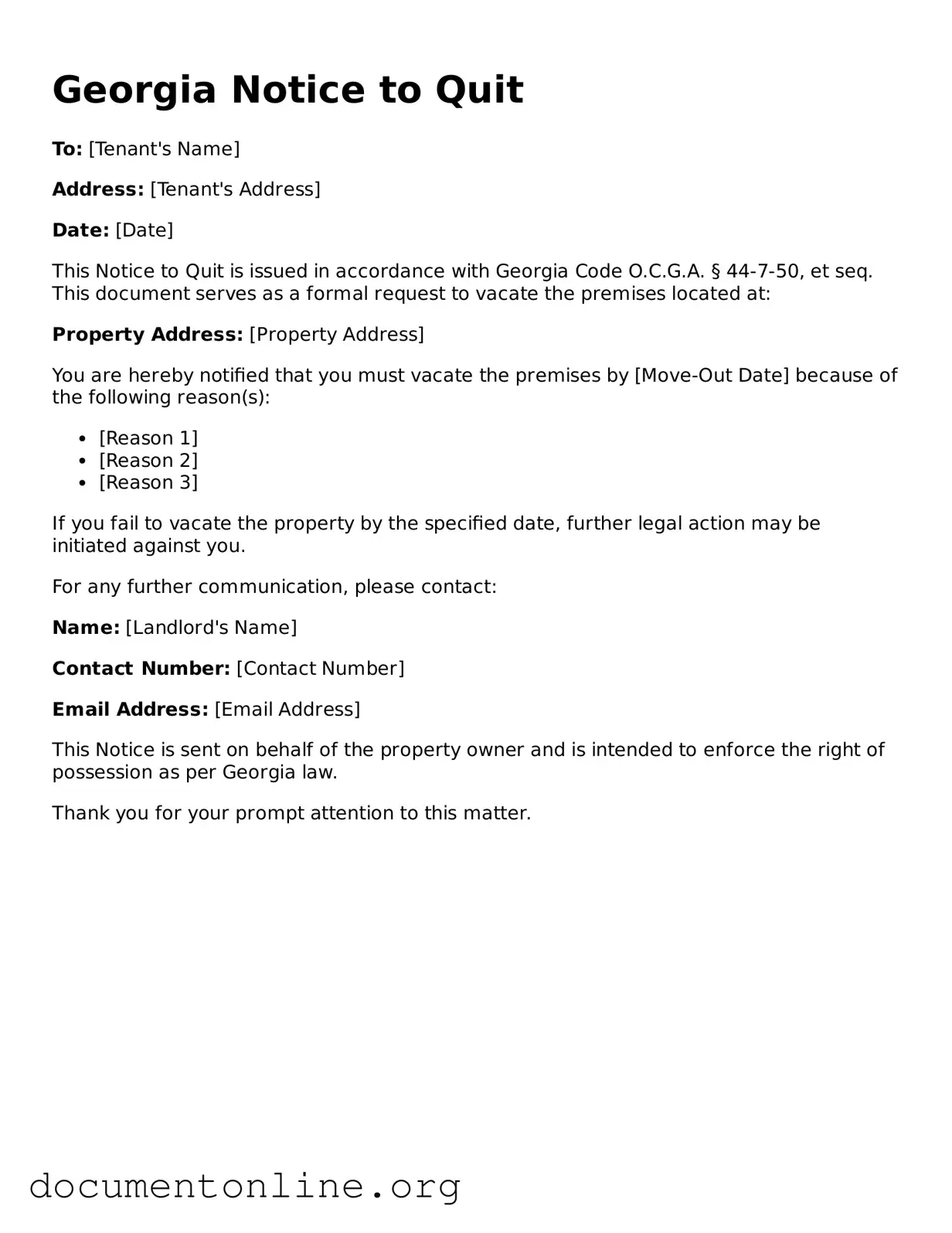 Free Notice to Quit Form for Georgia State