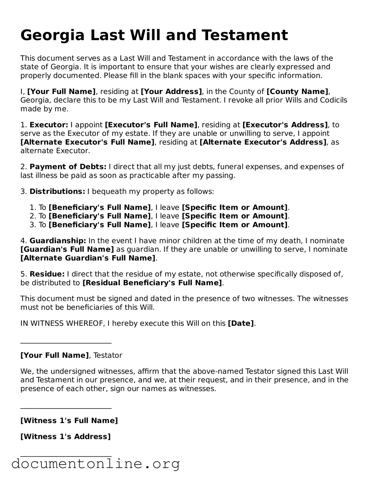 Free Last Will and Testament Form for Georgia State