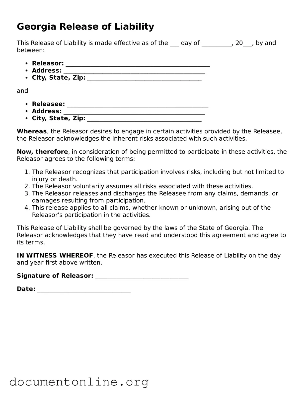 Free Release of Liability Form for Georgia State