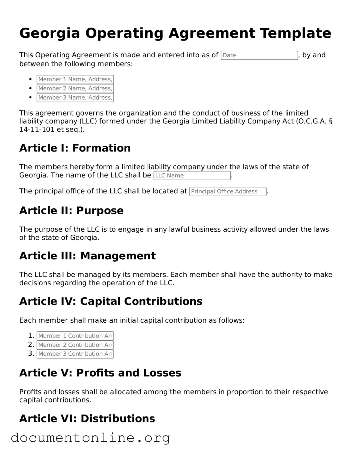 Free Operating Agreement Form for Georgia State