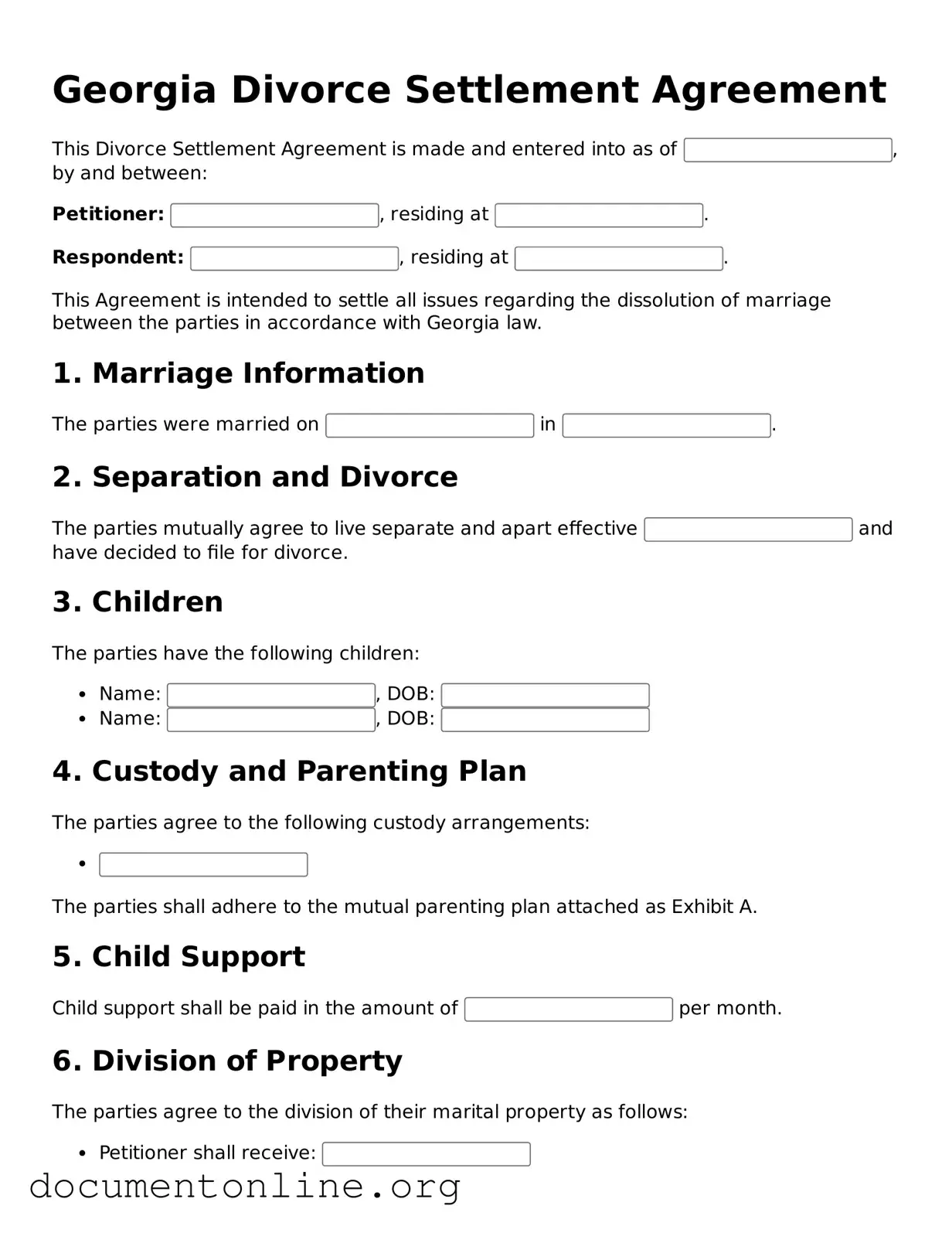 Free Divorce Settlement Agreement Form for Georgia State