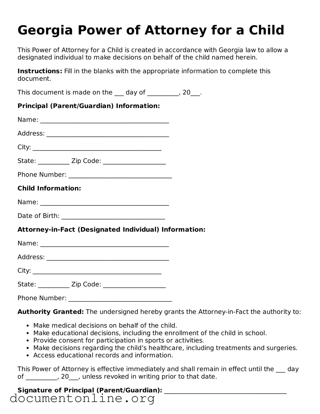 Free Power of Attorney for a Child Form for Georgia State