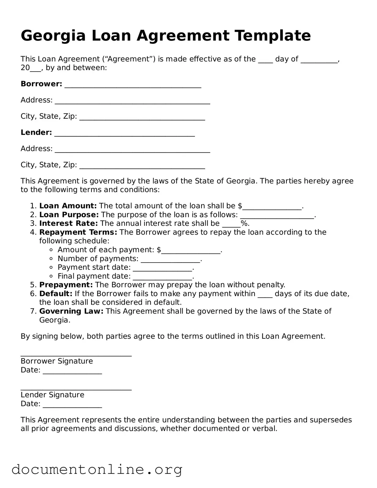 Free Loan Agreement Form for Georgia State