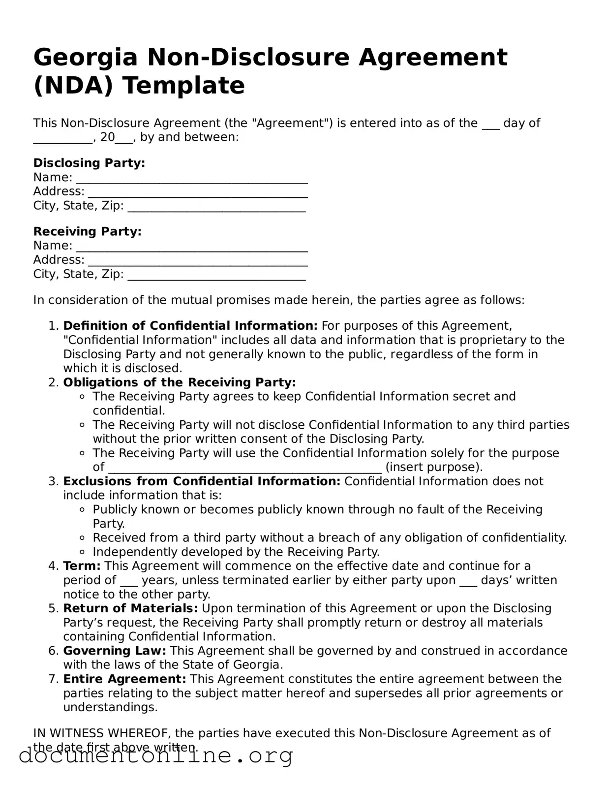 Free Non-disclosure Agreement Form for Georgia State