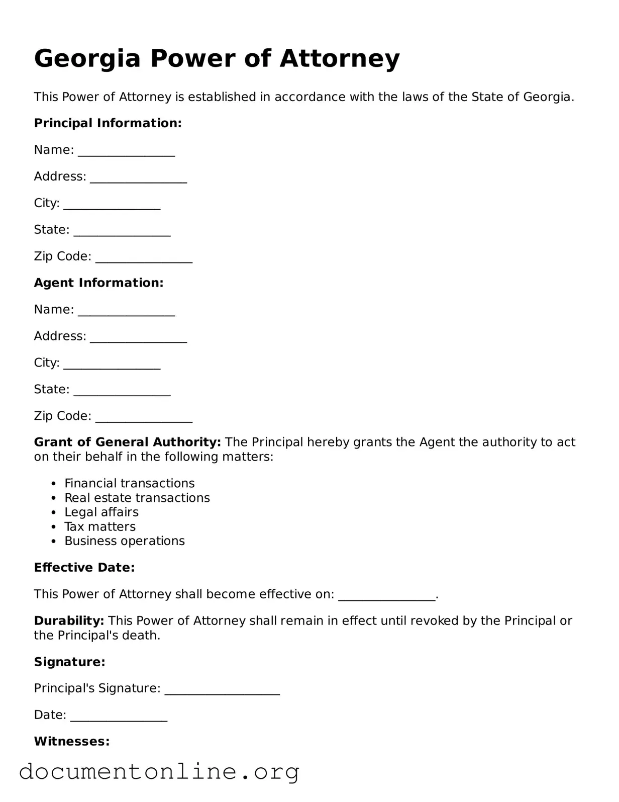 Free Power of Attorney Form for Georgia State