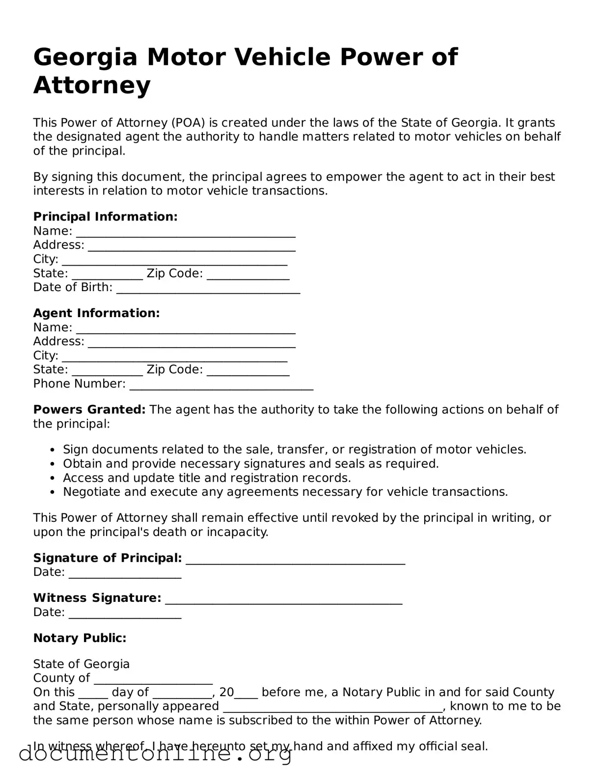 Free Motor Vehicle Power of Attorney Form for Georgia State