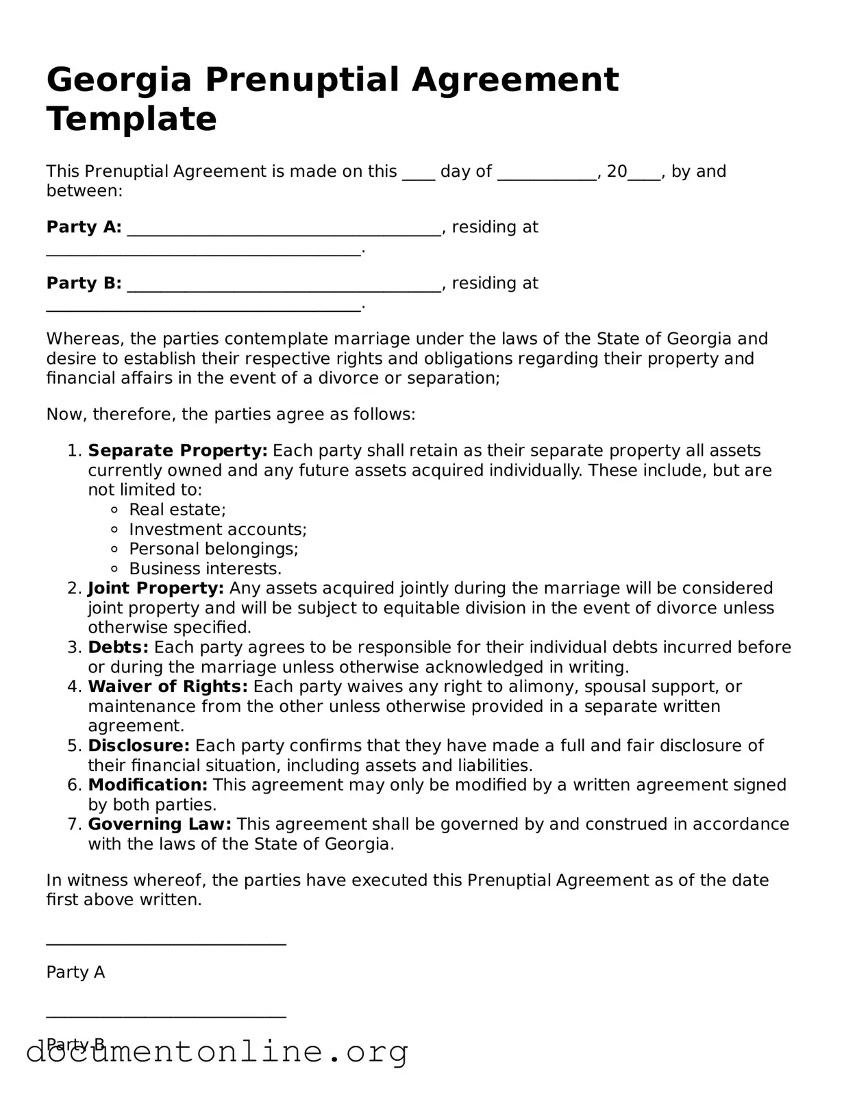 Free Prenuptial Agreement Form for Georgia State