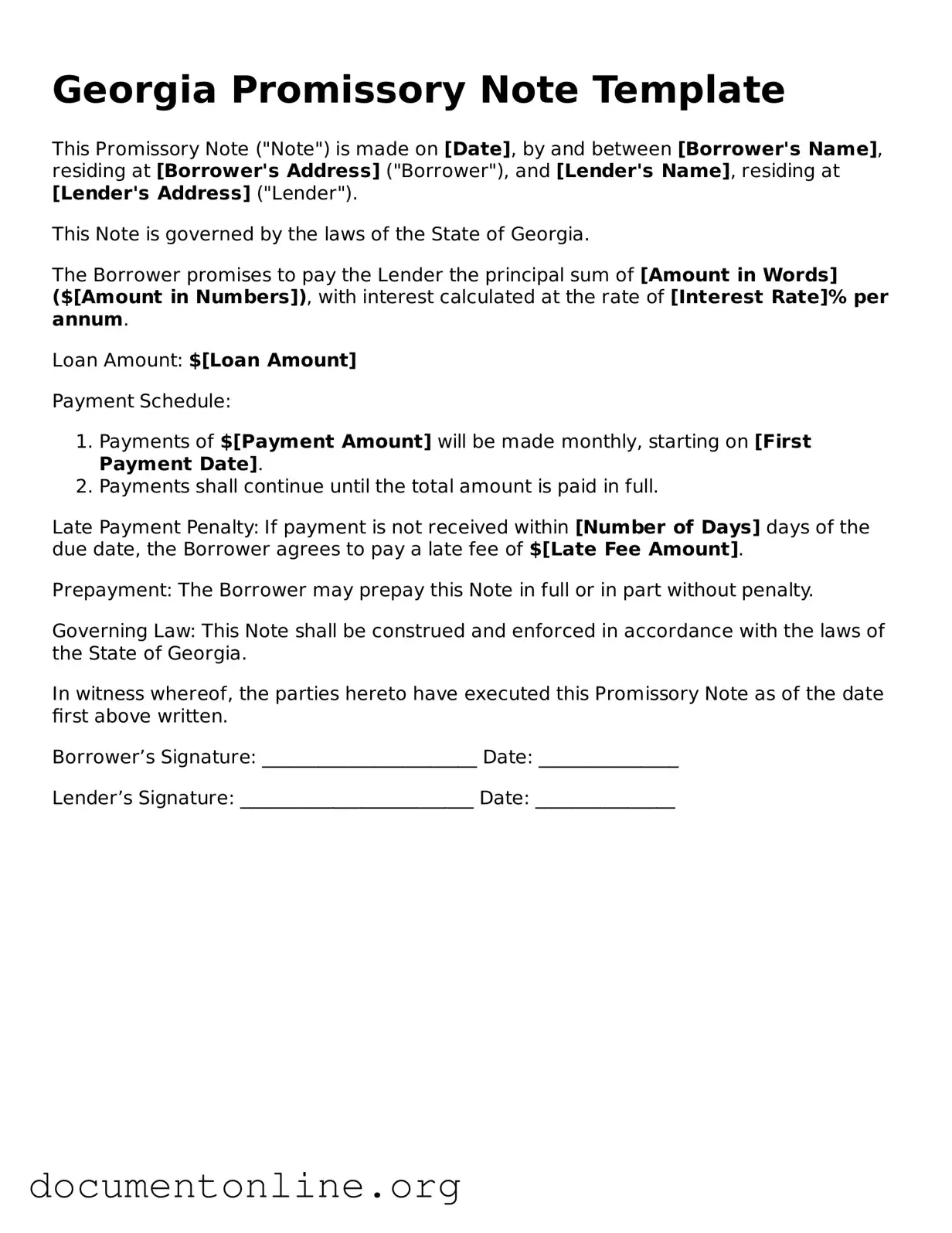 Free Promissory Note Form for Georgia State
