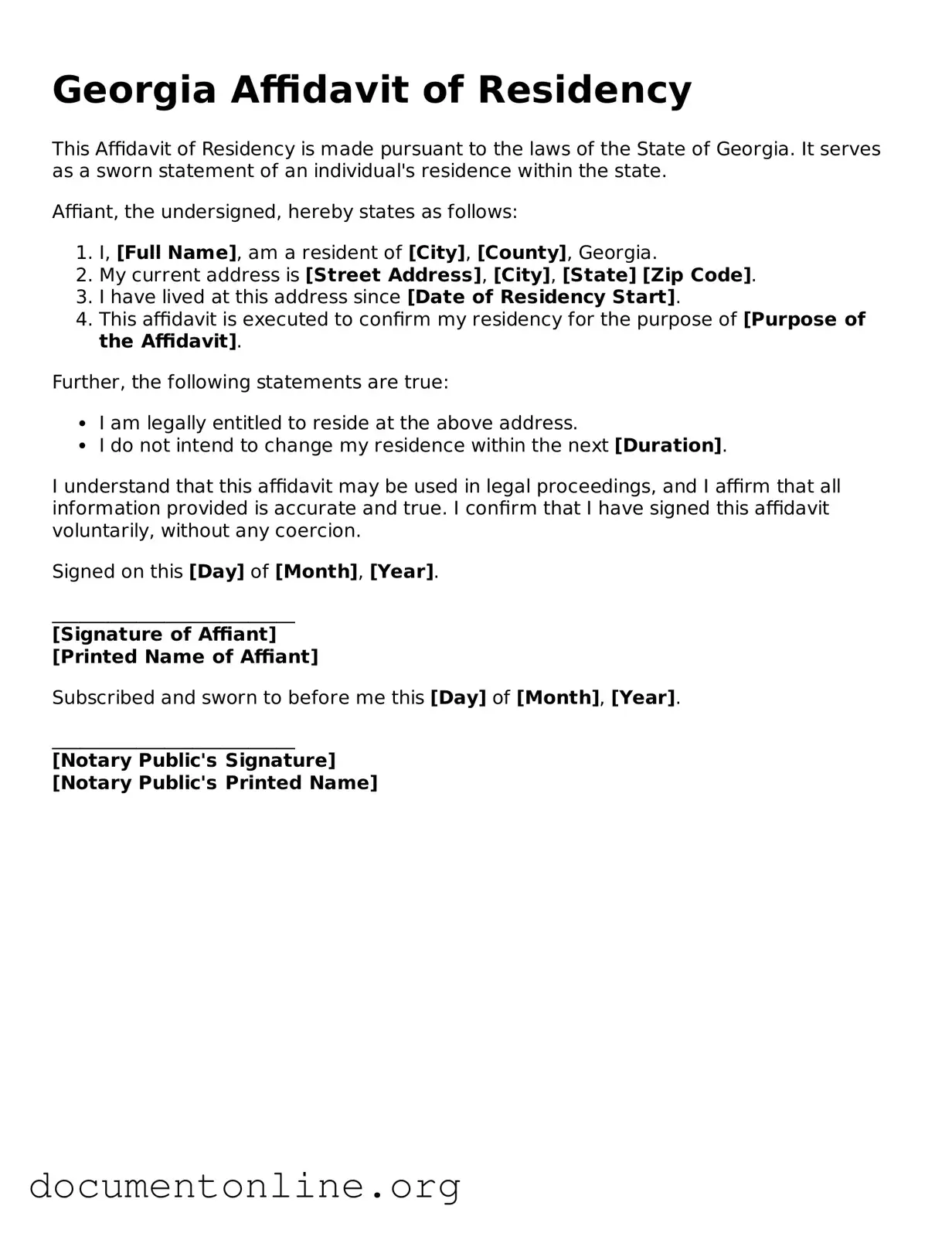 Free Affidavit of Residency Form for Georgia State