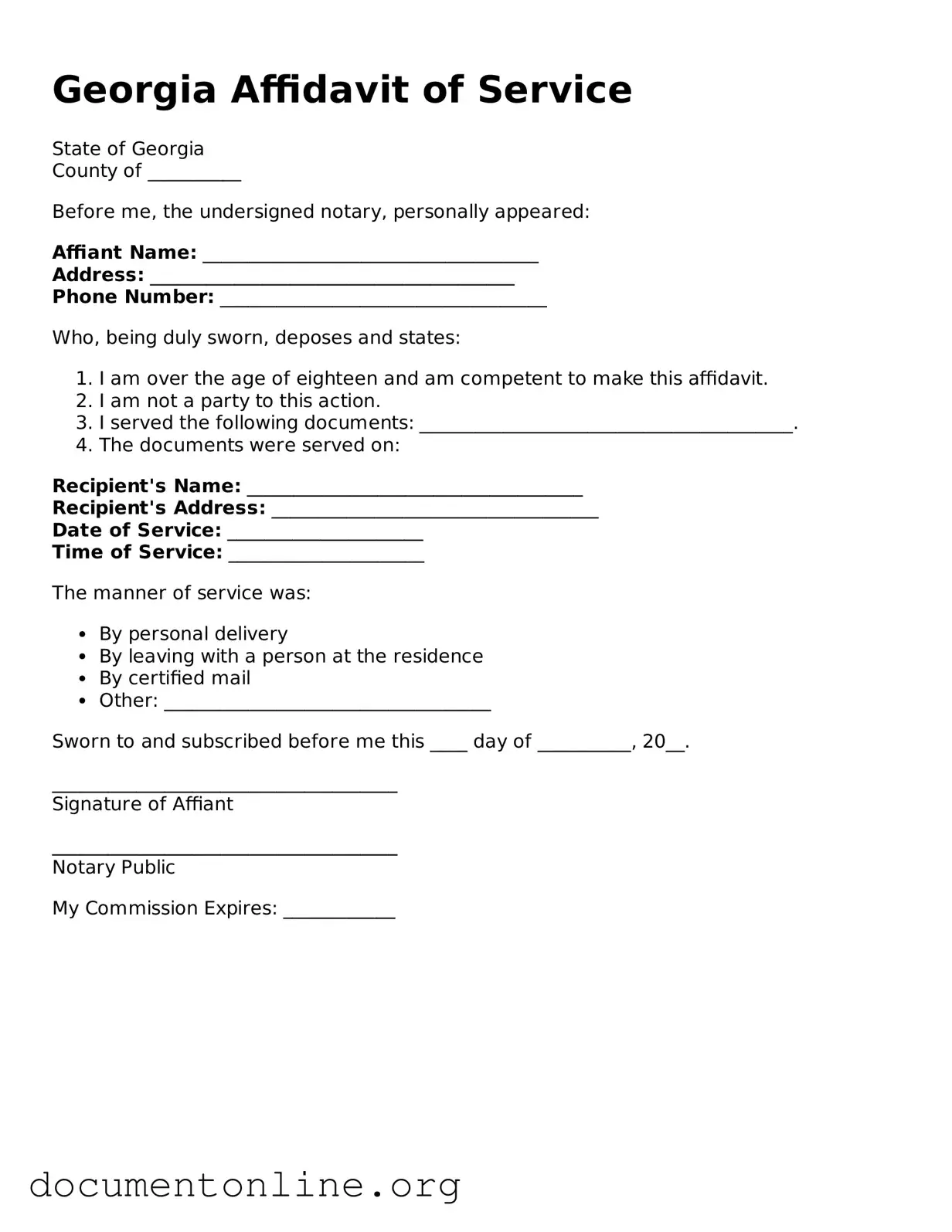Free Affidavit of Service Form for Georgia State
