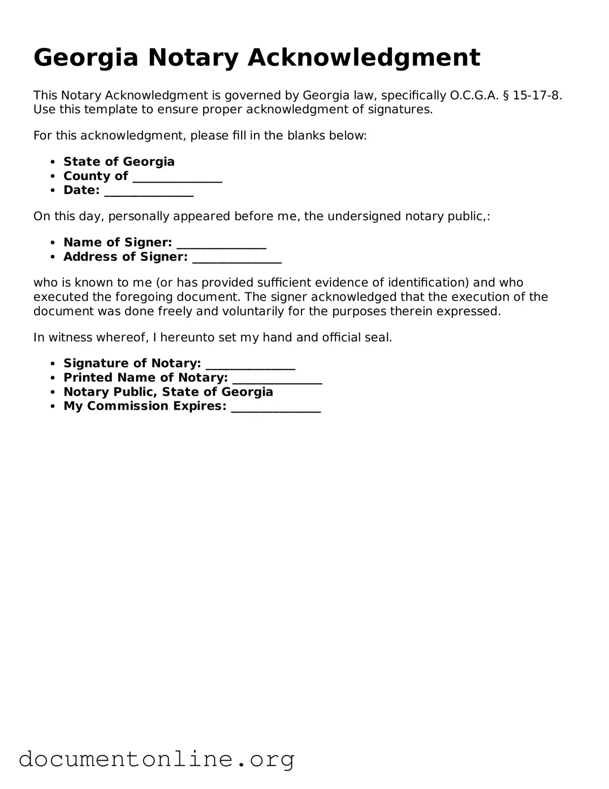 Free Notary Acknowledgement Form for Georgia State
