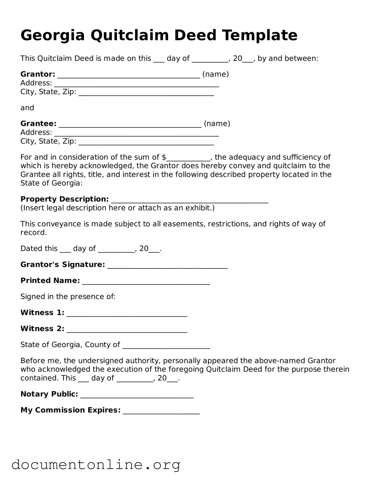 Free Quitclaim Deed Form for Georgia State