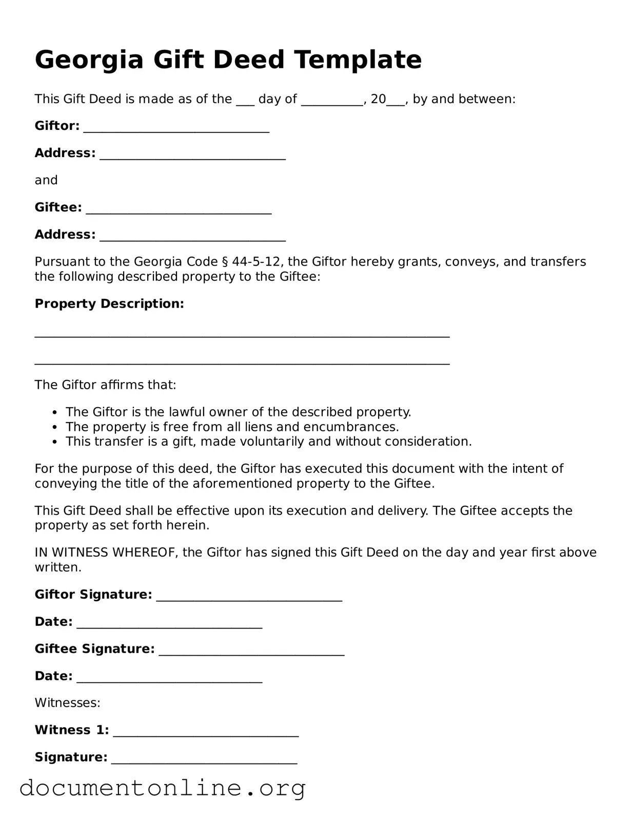 Free Gift Deed Form for Georgia State