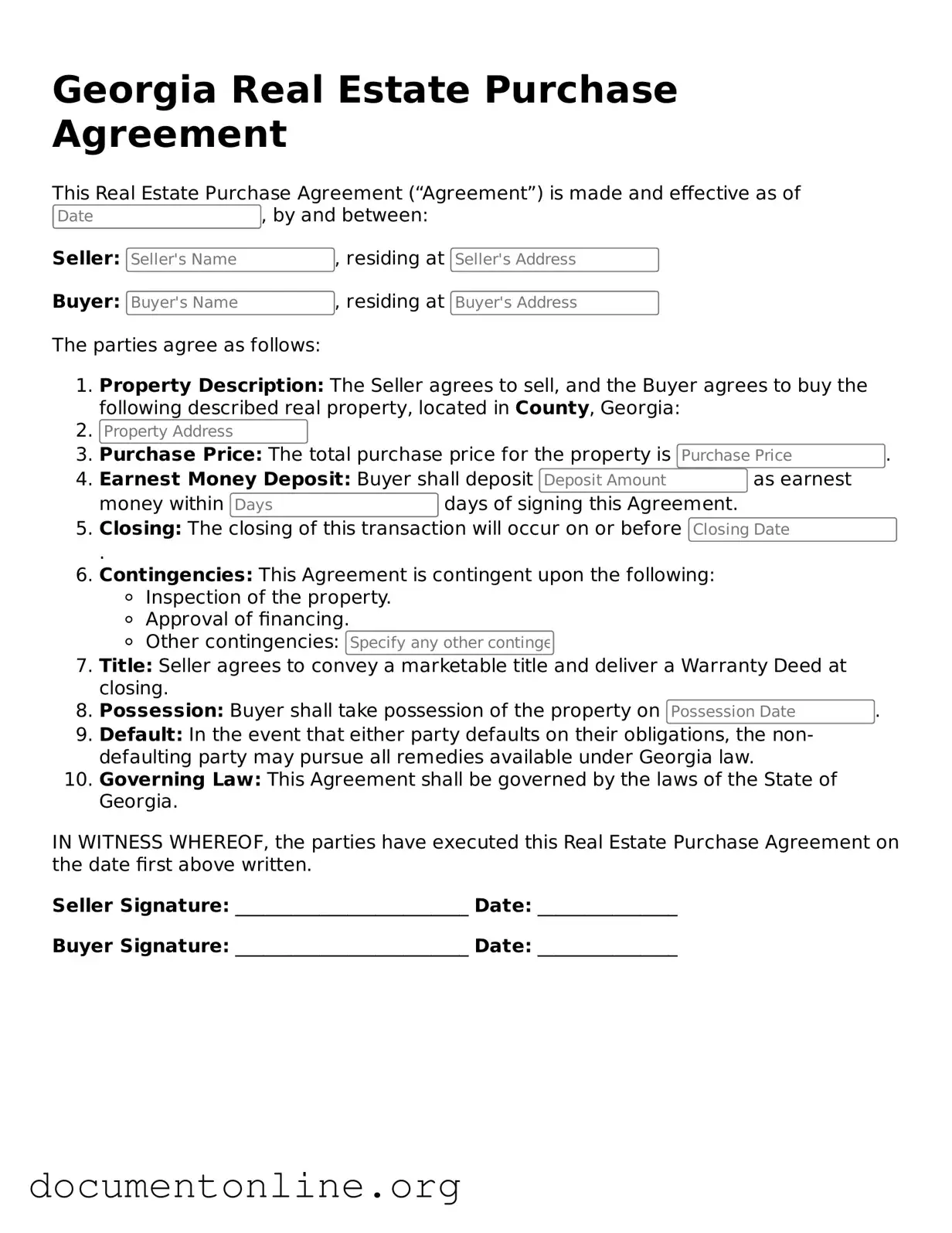 Free Real Estate Purchase Agreement Form for Georgia State