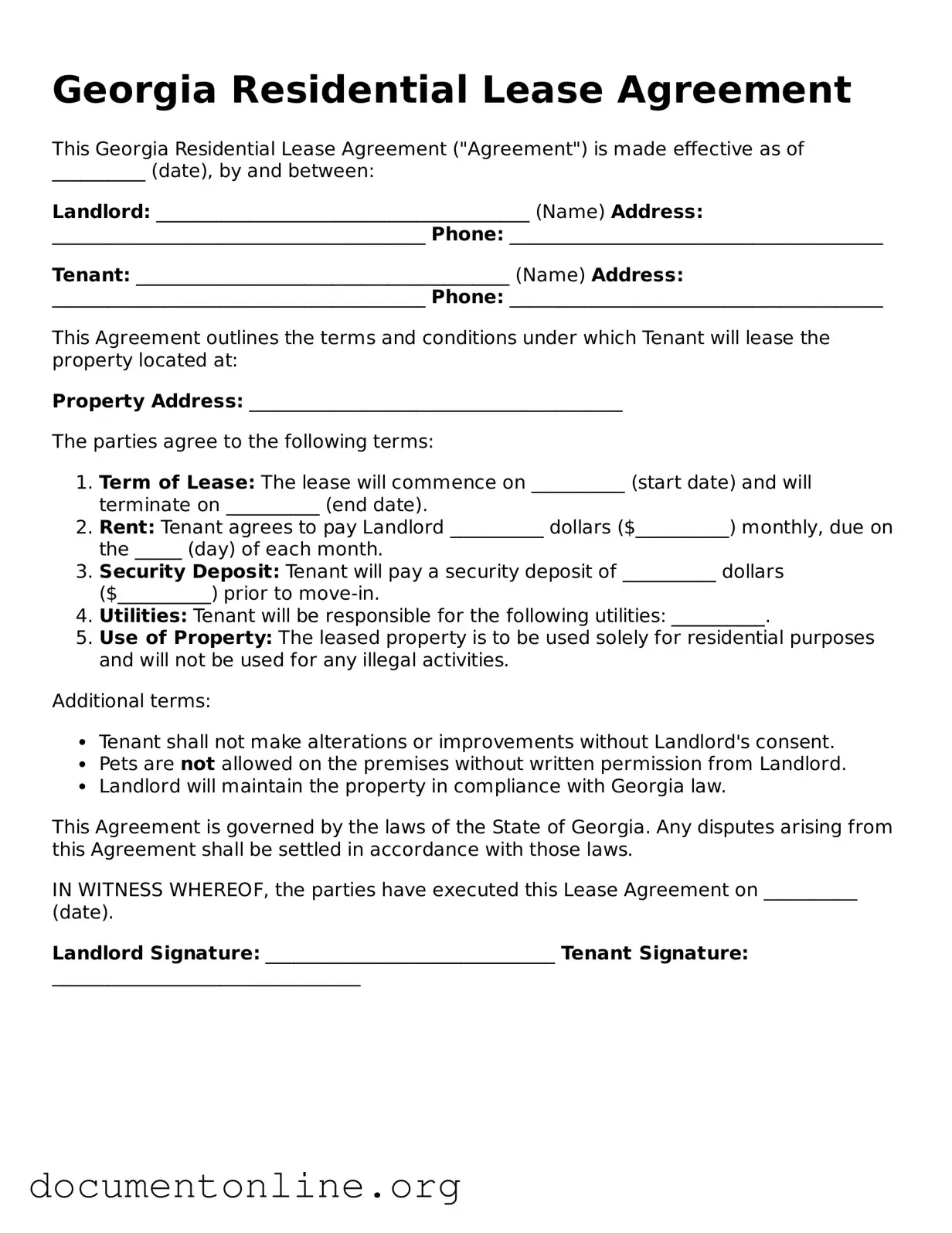 Free Lease Agreement Form for Georgia State