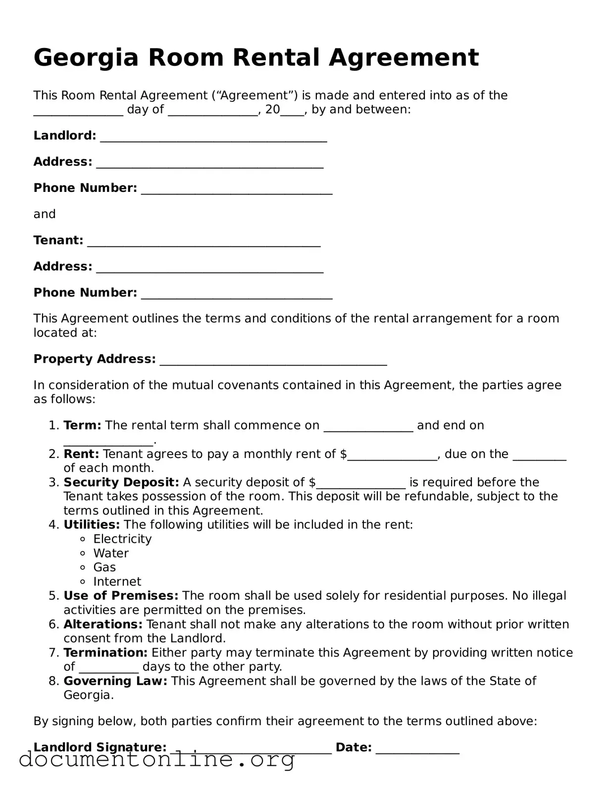 Free Room Rental Agreement Form for Georgia State