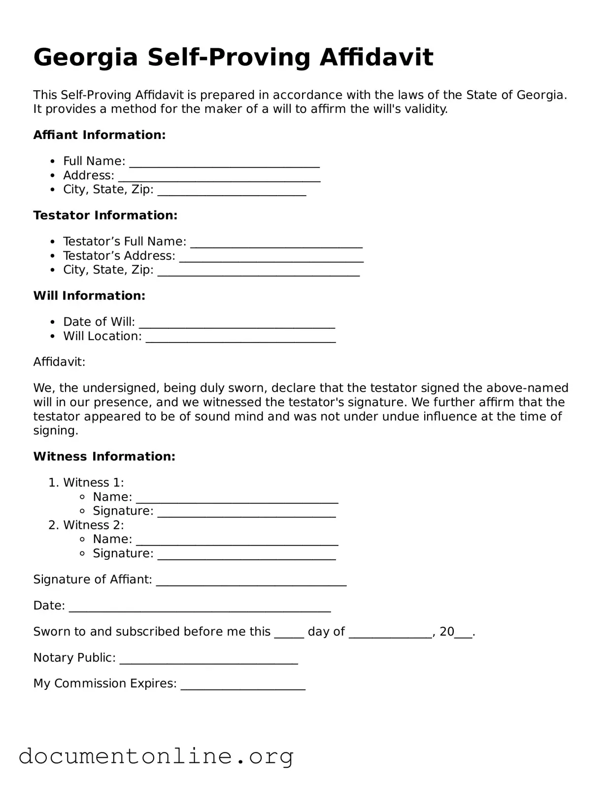 Free Self-Proving Affidavit Form for Georgia State