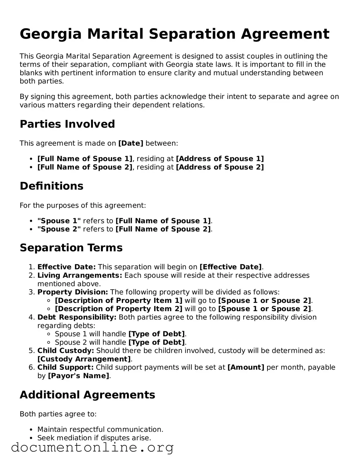 Free Marital Separation Agreement Form for Georgia State