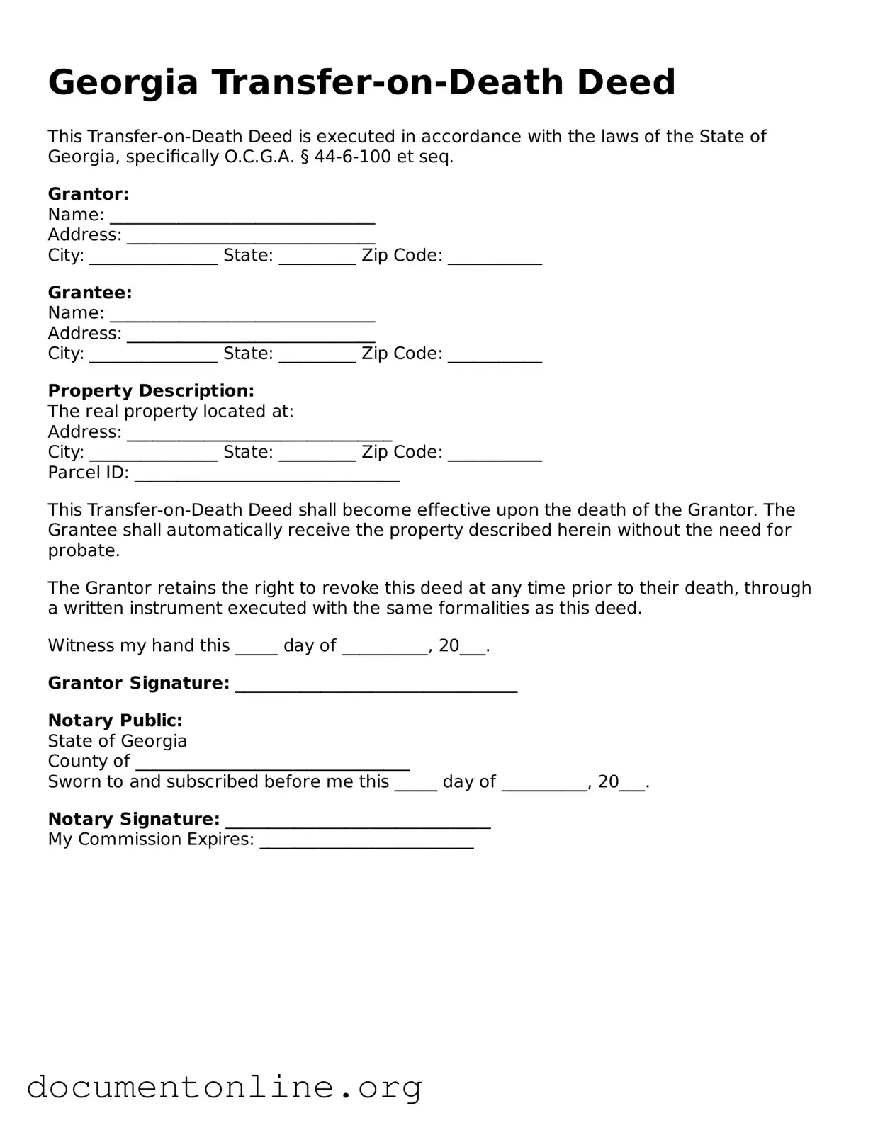 Free Transfer-on-Death Deed Form for Georgia State
